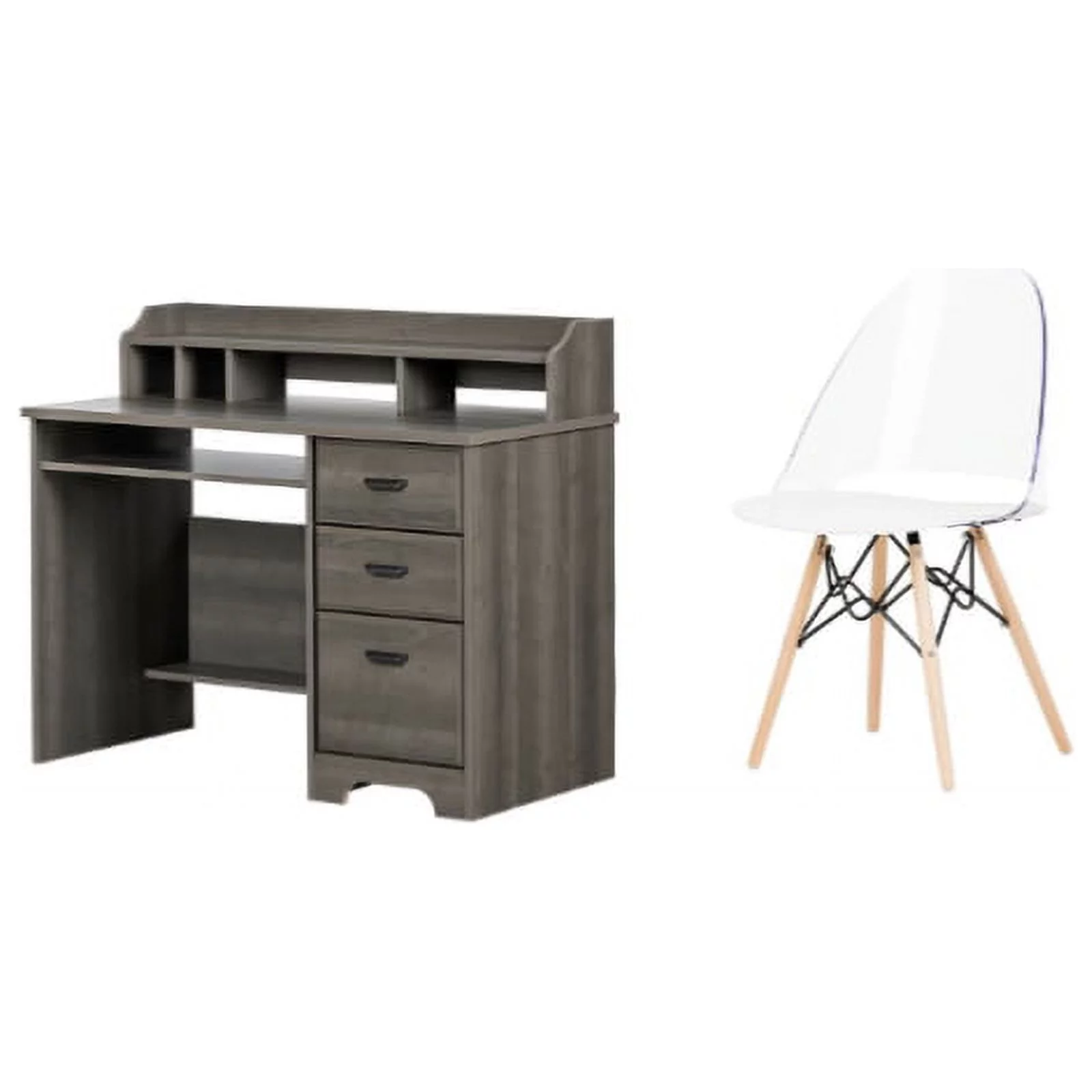 South Shore Versa Gray Maple Desk and 1 Annexe White Eiffel Style Chair Set