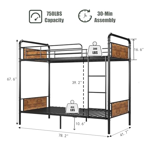 IDEALHOUSE Metal Bunk Bed Twin Over Twin, Twin Bunk Beds, Heavy Duty Twin Size Metal Bunk Bed with High Guardrail & Ladders, Convertible Bunk Beds for Kids Adults, No Box Spring Needed