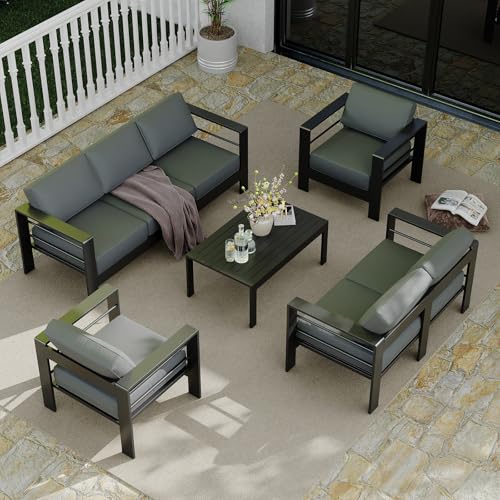 7 Seats Aluminum Patio Furniture Set, 5 Pieces Outdoor Sectional Conversation Set Sectional Sofa with 4