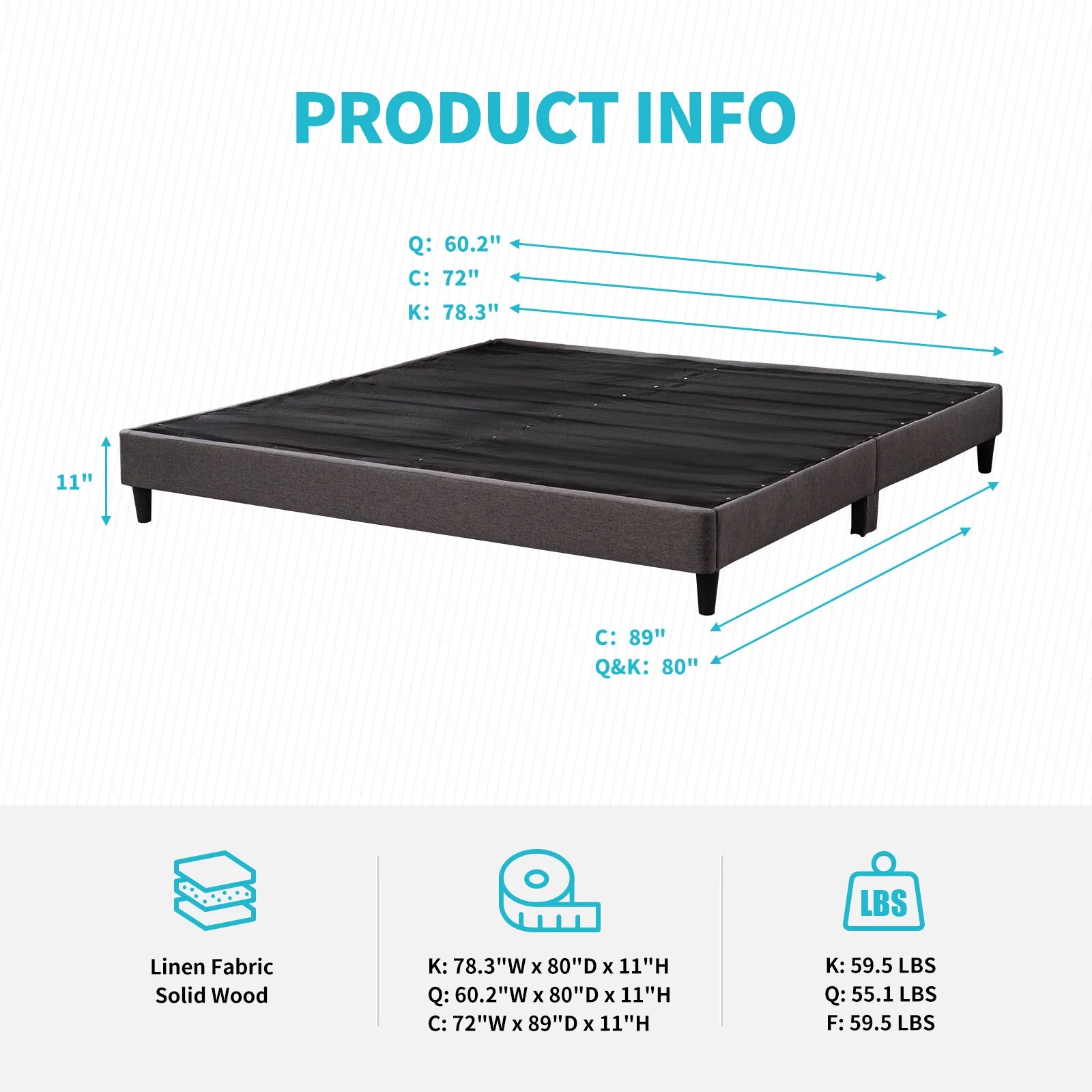 CECER California King Size Bed Frame, Linen Platform Bed Frame with Wood Slat Support, Wooden Bed Frame, Easy Assembly, Dark Grey
