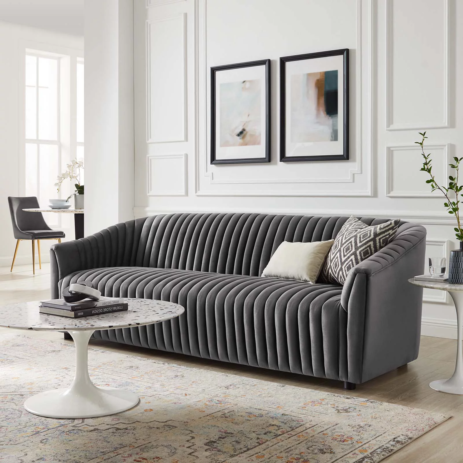 Tufted Sofa, Charcoal Grey Gray, Velvet, Modern Contemporary, Mid Century Living Hotel Lounge Cafe Lobby