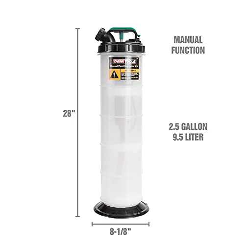 OEMTOOLS 24397 Manual Fluid Extractor (9.5L), Oil Extractor Pump, Transmission Fluid Pump, and More, Oversized Handle Manual Oil Pump Extractor, Oil Change Pump W/ 2 Adapters