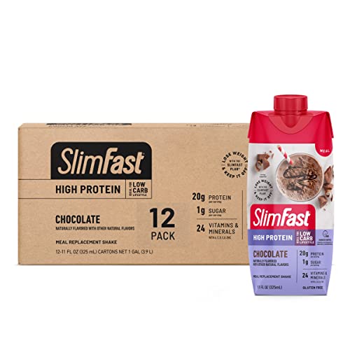 SlimFast Protein Shake, Chocolate- 20g Protein, Meal Replacement Shake Ready to Drink, High Protein with Low Carb and Low Sugar, 24 Vitamins and Minerals, 12 Count (Pack of 1) (Packaging May Vary)