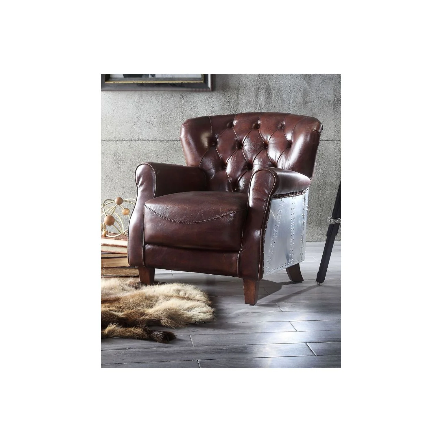 Acme Brancaster Accent Chair, Vintage Brown & Aluminum (1Pc/1Ctn)