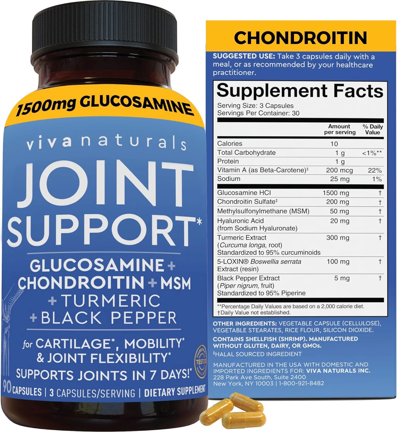 viva naturals Joint Support Glucosamine Chondroitin MSM 90 Capsules Turmeric, Boswellia & Hyaluronic Acid - Joint Support for Mobility, Flexibility and Comfort