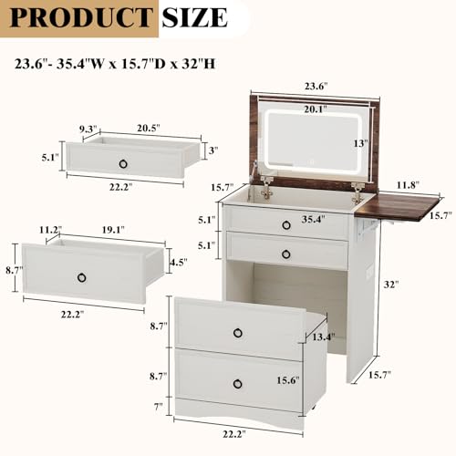 3-in-1 Vanity Set with LED Lighted Flip Top Mirror, Makeup Table with Fold-Up Panel, Hidden Stool, Charging Station, Small Vanity for Bedroom & Dressing Room, Rustic White