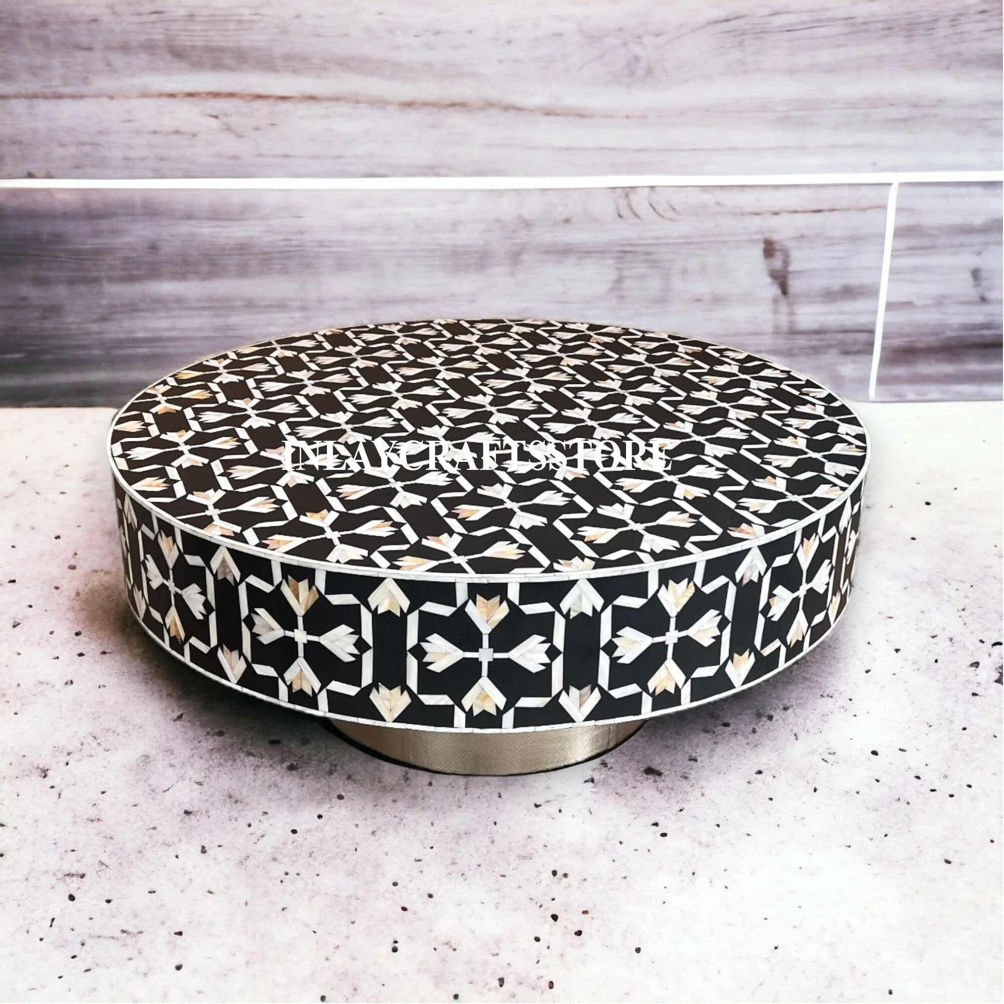LAKECITY ARTS Mother of Pearl Lotus Design Coffee Table Black, Mother of Pearl Lotus Design Center Table Black, Mother of Pearl Round Coffee Table