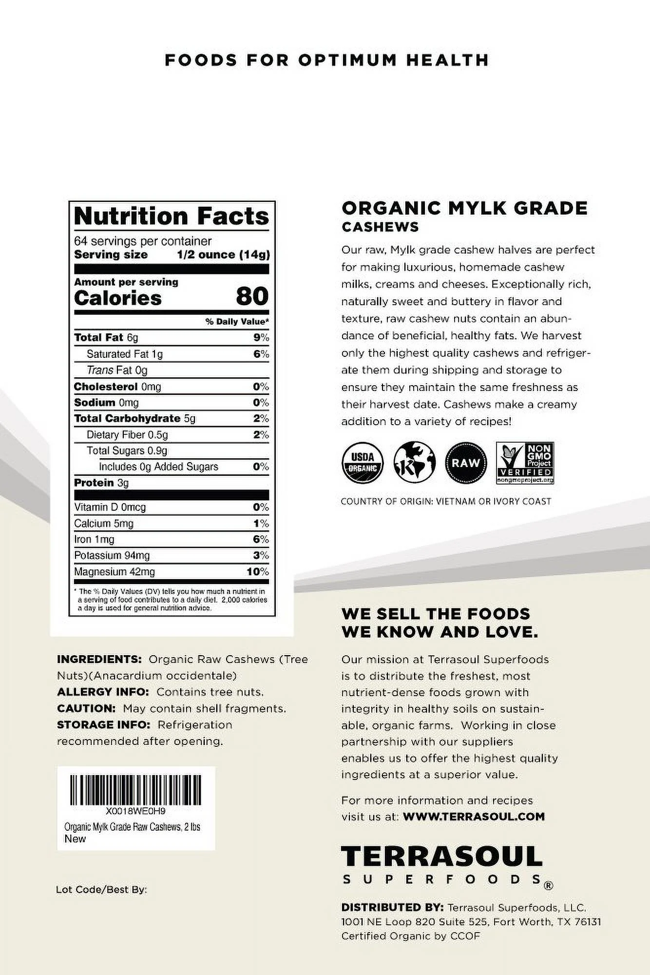 Terrasoul Superfoods Organic Raw Cashews (Mylk Grade), 2 Pounds