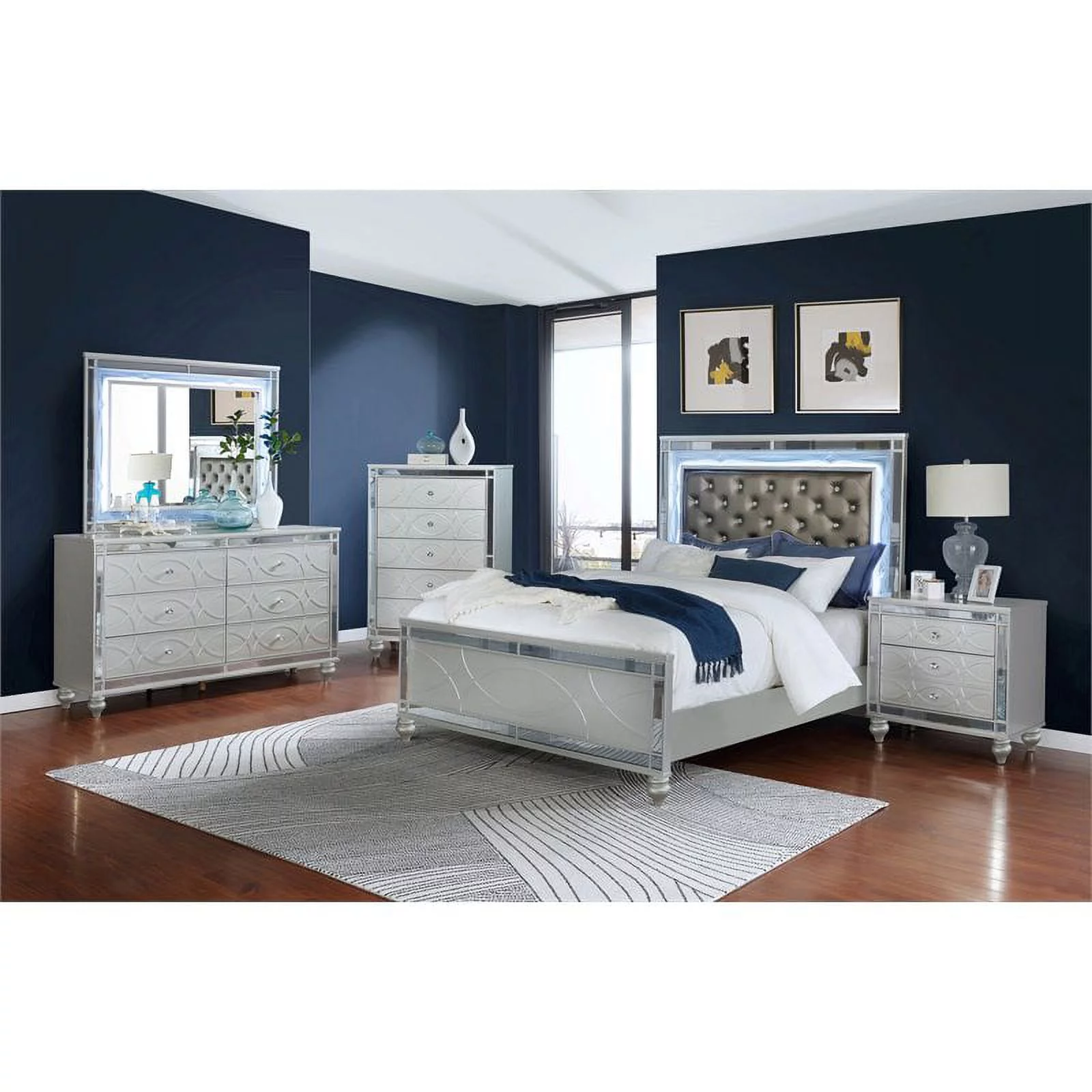 Pemberly Row 5-piece Queen Wood Bedroom Set with LED Light Silver