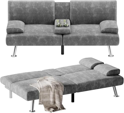 Flamaker Futon Sofa Bed Modern Folding Futon Set Convertible Recliner Lounge for Living Room with 2 Cup Holders, Removable Armrests (Corduroy, Green)