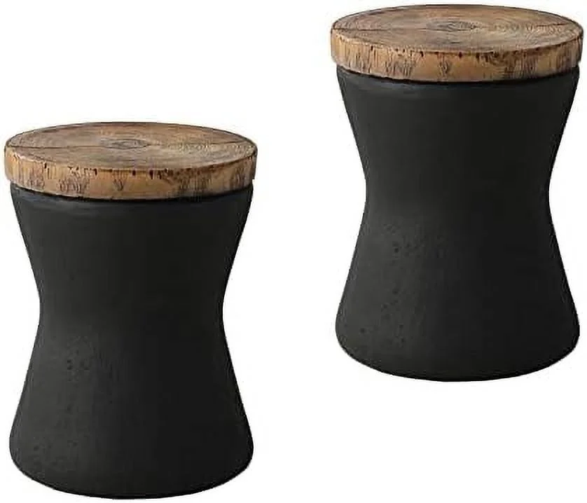Drum End Table Cylinder Shaped Concrete Side Table Faux-Wood Top  Black Outdoor Accent Table with Tree Trunk Slice Hand Painted  Accent Stool