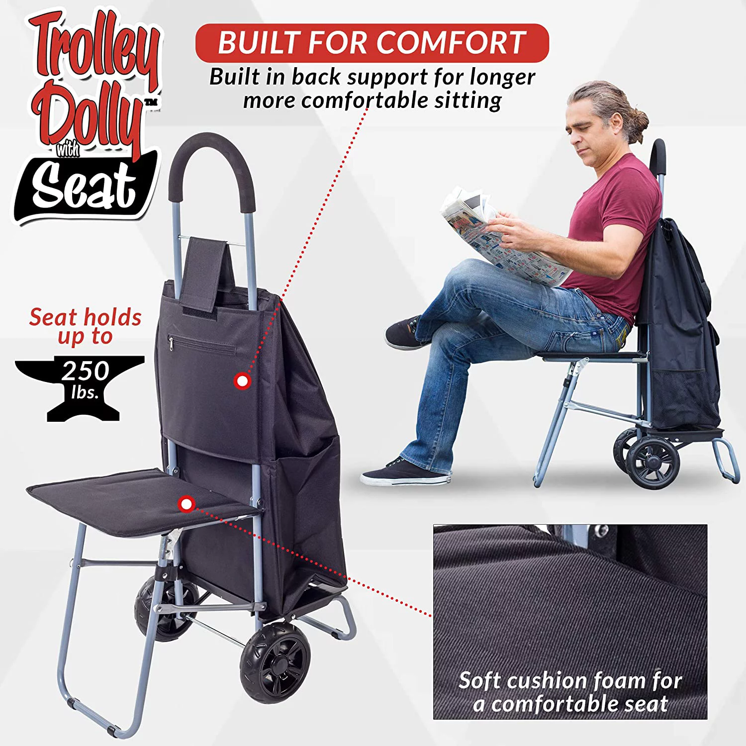 dbest products Trolley Dolly With Seat Black Shopping Grocery Foldable Cart