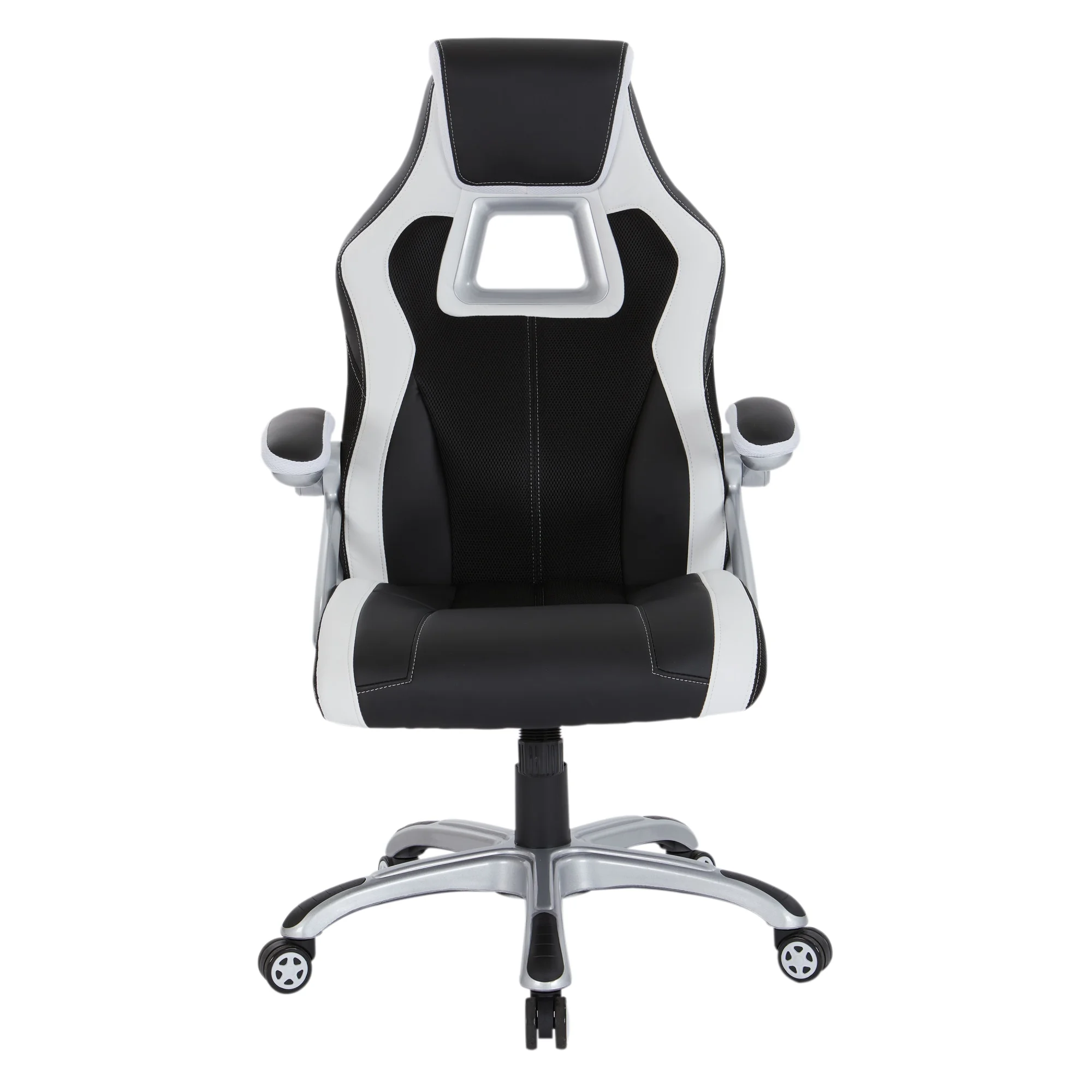 OSP Home Furnishings Race Chair in Black with White Trim, White Stitching, and Silver Base