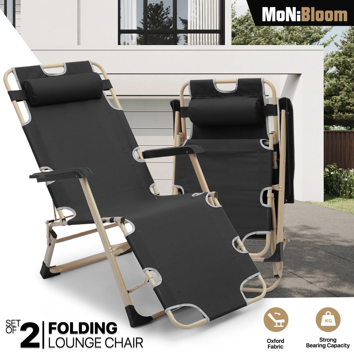 MoNiBloom Set of 2 Folding Lounge Chair with Adjustable Headrest, Outdoor Foldable Recliner, Portable Reclining Lounger for Adults, Support 330lbs, Black
