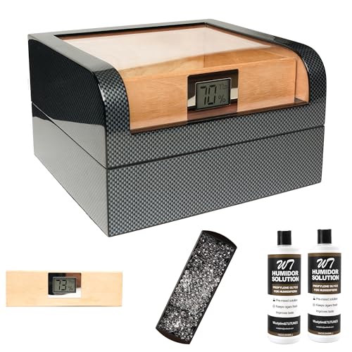 TUTUNES&Wudytim Cigar Humidor, Handcrafted Top 270° Elegant Glossy Spanish Cedar Cigar Box with Easy Humidification System, Accurate Digital Hygrometer