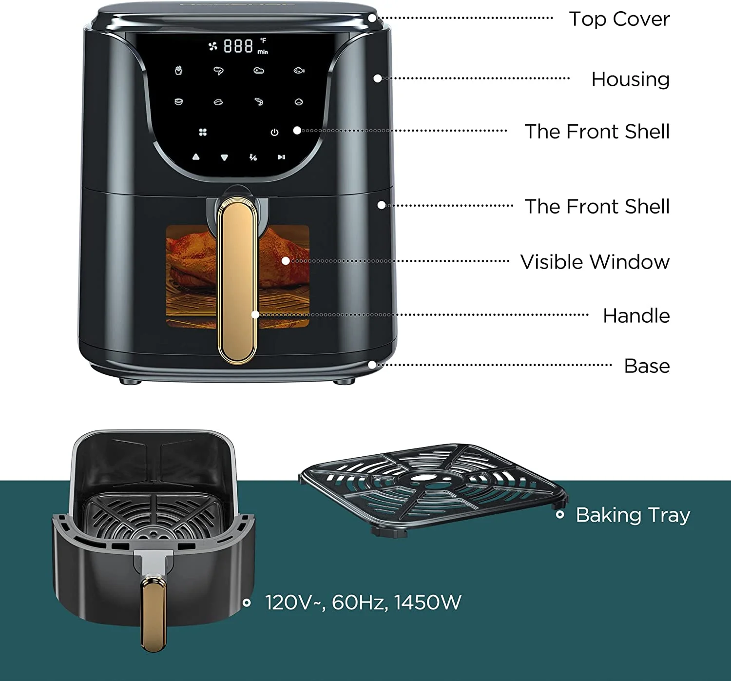 HAUSHOF 5.8QT Air Fryer Small Oven, Digital Oil-Less Cooker 1450W Airfryer, 8 Presets Cooking Functions, Time & Temperature Control, with Nonstick Tray, Black
