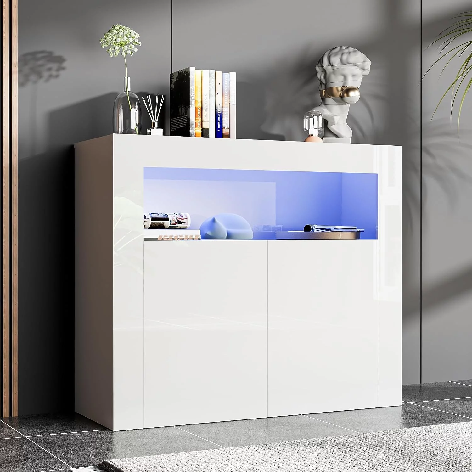 Cozy Castle Modern Buffet Cabinet with LED Lights, High Glossy Sideboard Storage Cabinet with 2 Doors and Adjustable Shelf, Wood Bar Cabinet for Living Room, Kitchen, White