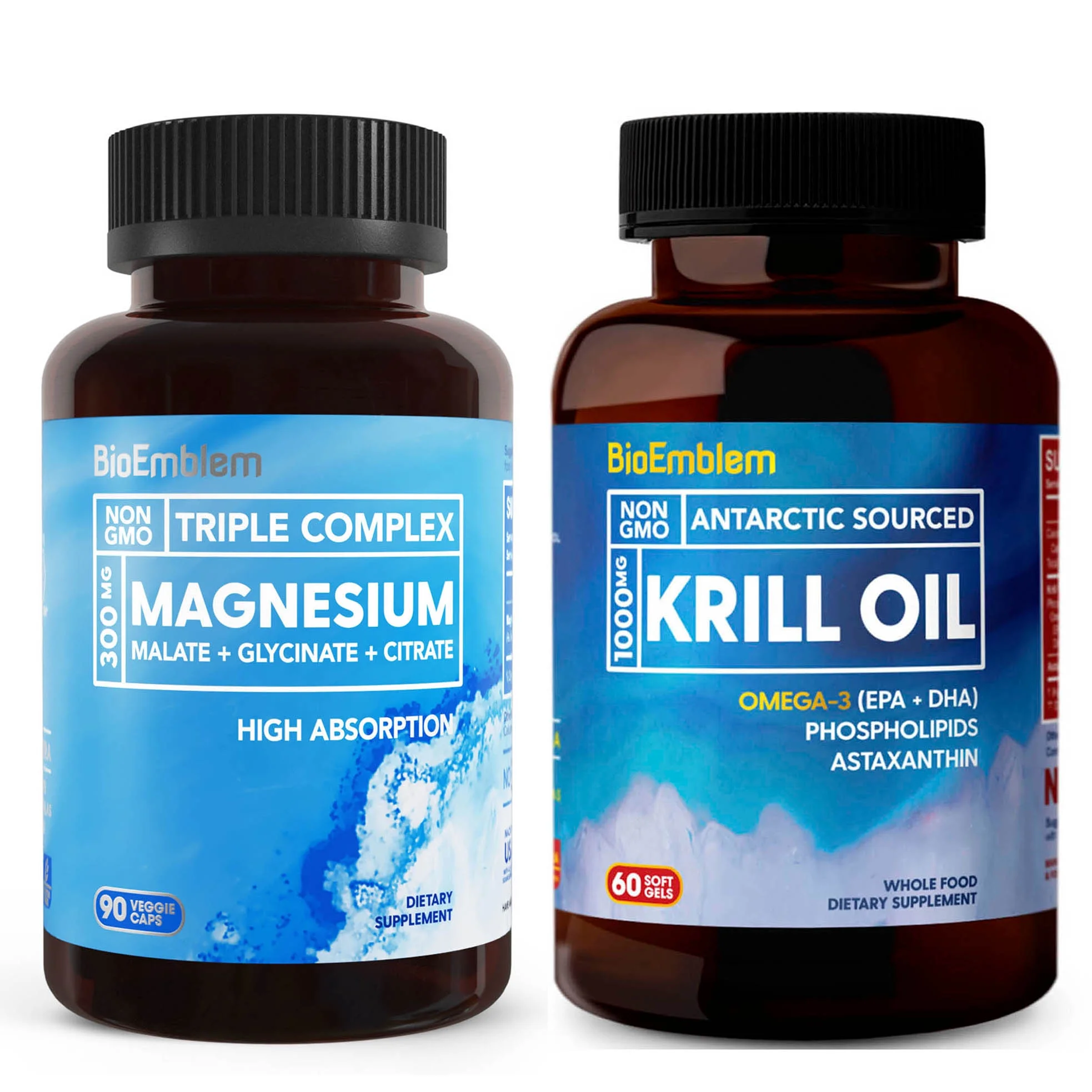 BioEmblem Triple Magnesium Glycinate, Malate, Citrate and Antarctic Krill Oil, Supports Sleep and Brain Health, Heart and Joint Health, Cardiovascular Health
