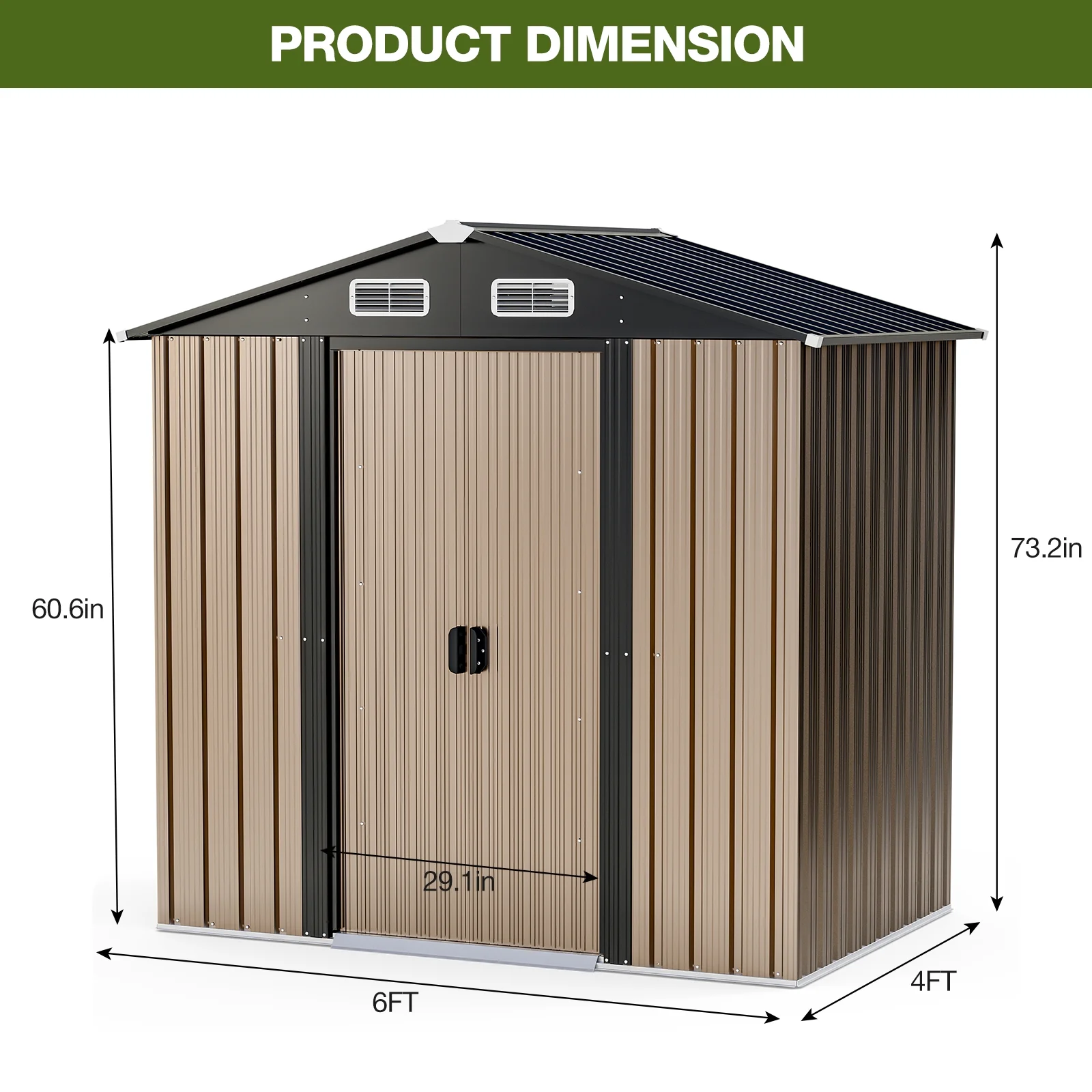 6 x 4 FT Outdoor Storage Shed, Metal Shed with Vents & Sliding Door for Gardening Tools Waterproof Thickened Galvanized Metal Storage Shed for Garden, Backyard, Lawn