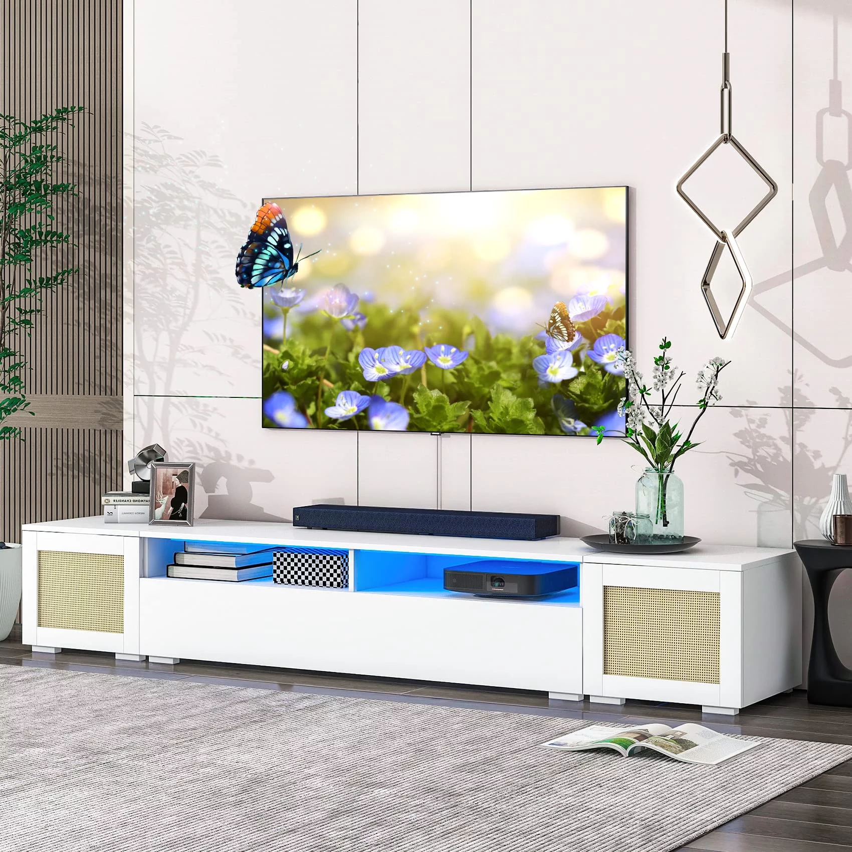 90 Inch TV Stand with LED Lights, LED Boho Entertainment Center with Rattan Door, Modern Low Profile TV Cabinet Media Center with 2 Extended Cabinet and 2 Open Shelves for Living Room, White
