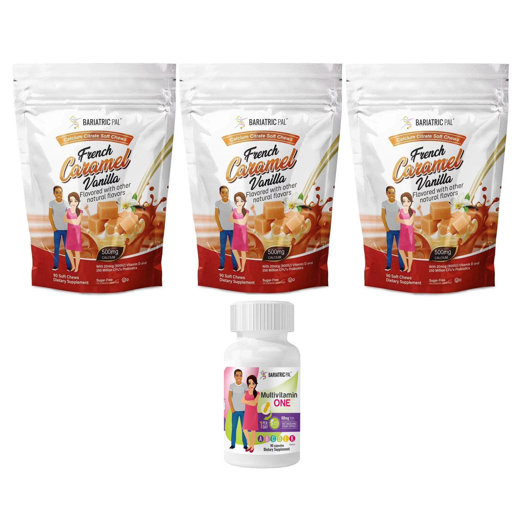 Gastric Sleeve Complete Vitamin Pack - Capsules Size: 3-Month Supply, BariatricPal Multivitamin ONE: Capsule with 60mg Iron, BariatricPal Calcium Citrate Soft Chews: French Vanilla Caramel