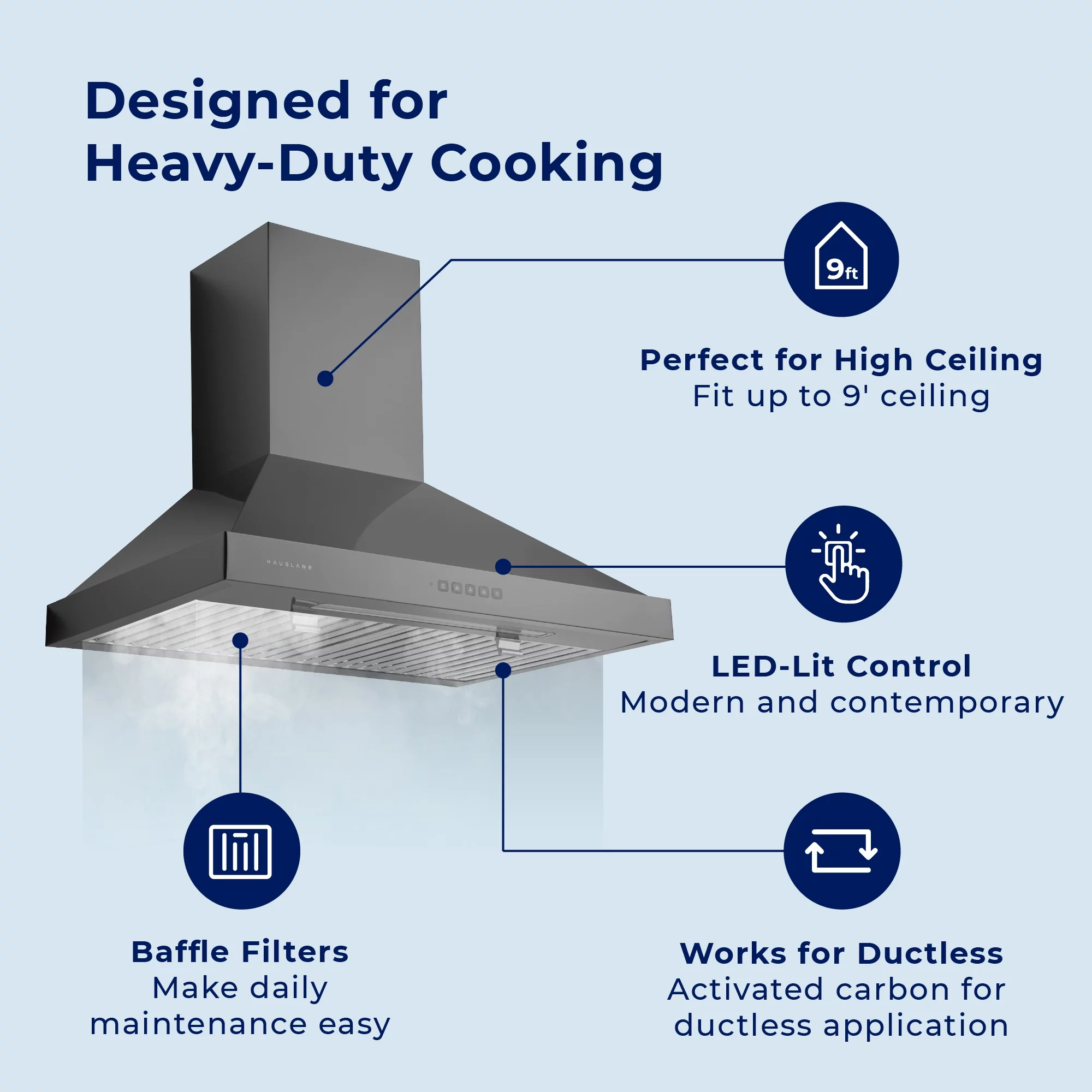 Hauslane WM-590BSS-30 30 in. Convertible Wall-Mounted Range Hood, Black Stainless Steel