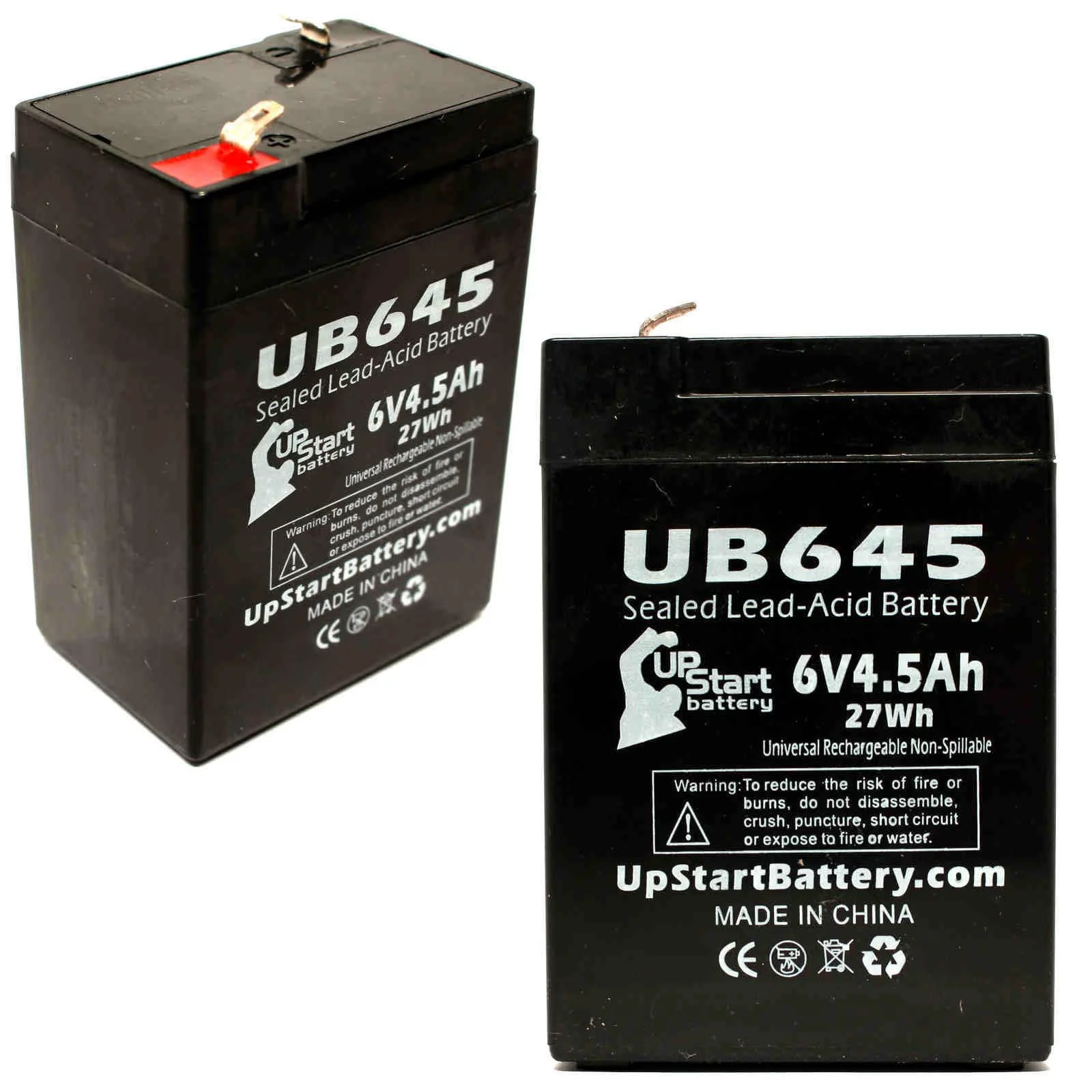 2x Pack - Compatible Welch Allyn 520084 Battery - Replacement UB645 Universal Sealed Lead Acid Battery (6V, 4.5Ah, 4500mAh, F1 Terminal, AGM, SLA) - Includes 4 F1 to F2 Terminal Adapters
