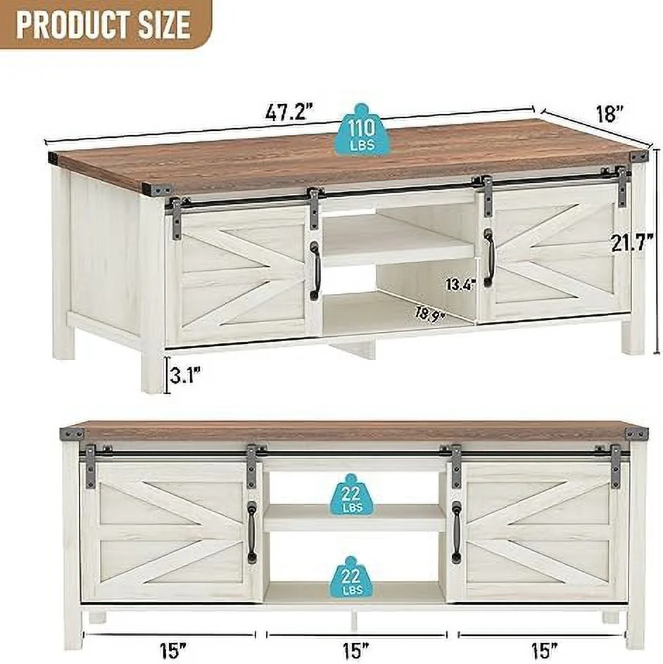 NLIBOOMLife Farmhouse Coffee Table with Sliding Barn Doors&  Living Room Center Tables Rustic Wooden Rectangular Tables w/Adjustable Cabinet Shelves