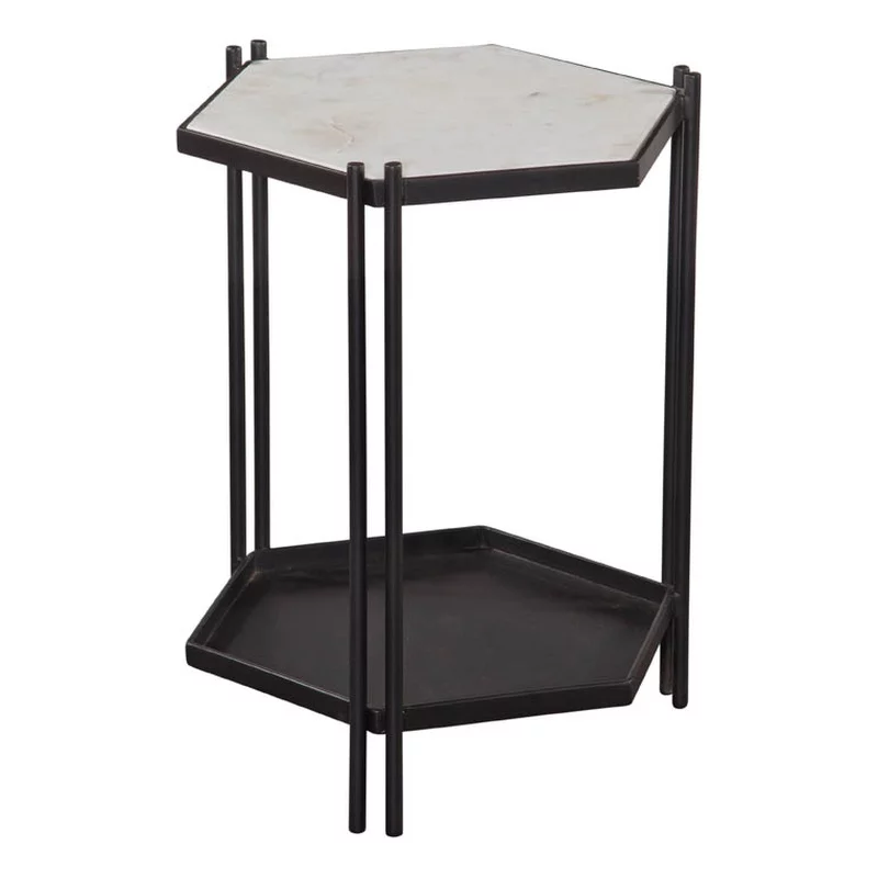 Dacey Accent Table in Black Metal with White Marble