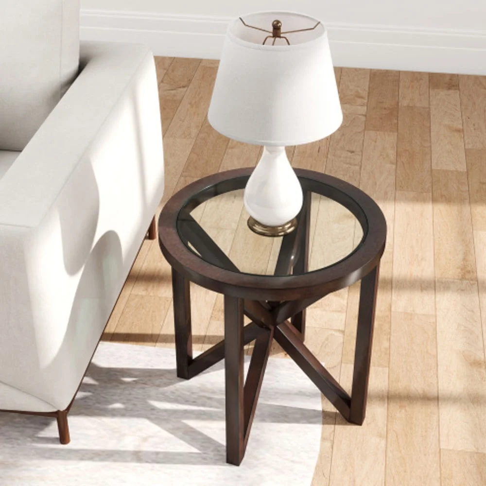 Modern simple glass coffee table, tempered glass coffee table solid wood base round transparent glass top modern living room terrace study coffee table