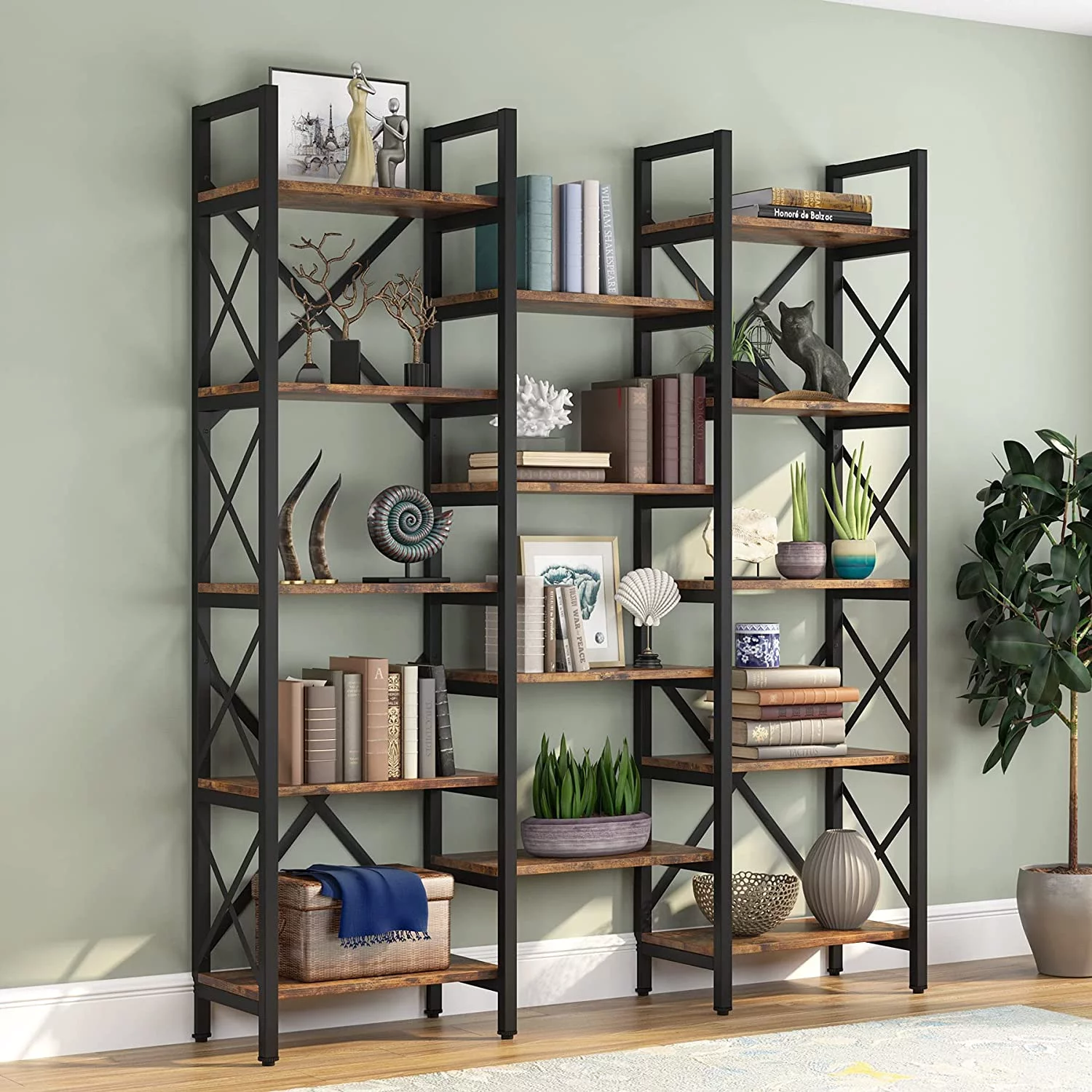 Triple Wide 5-Shelf Bookcase  Etagere Large Open Bookshelf Vintage Industrial Style Shelves Wood and Metal  Furniture for Home & Office  70 inch