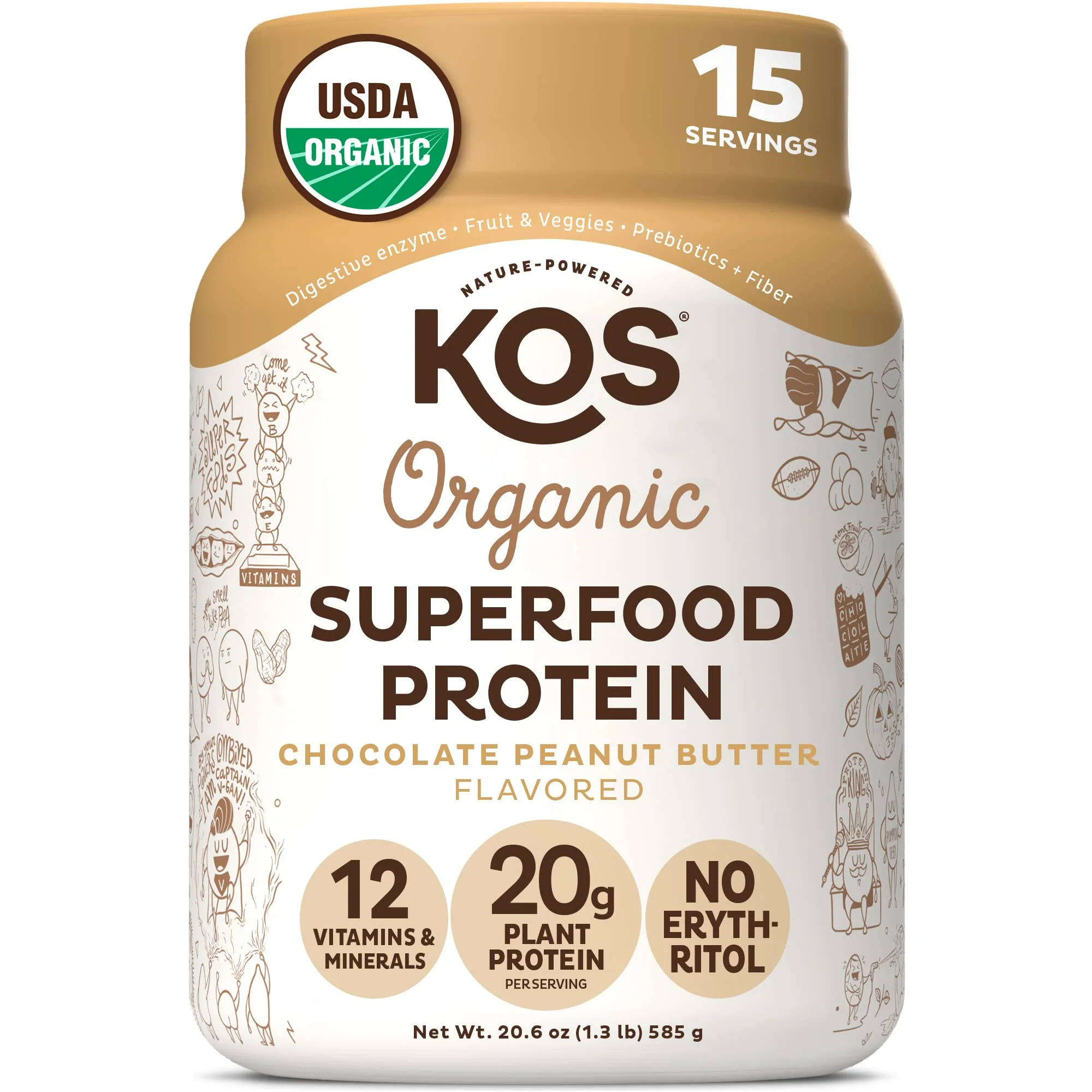 KOS Plant Based Protein Powder, Chocolate Peanut Butter - Low Carb Pea Protein Blend, Superfood with Vitamins & Minerals - USDA, Keto, Soy, Dairy Free - Meal Replacement for Women & Men - 15 Servings