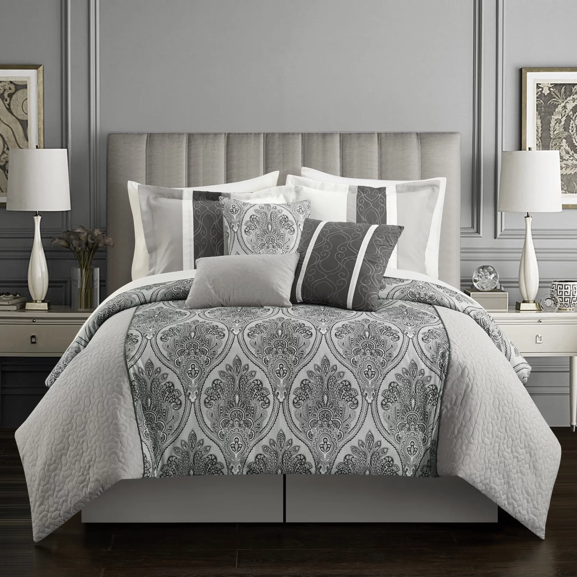 Chic Home Roxette 11-Piece Reversible Geometric Comforter Set, Queen, Gray