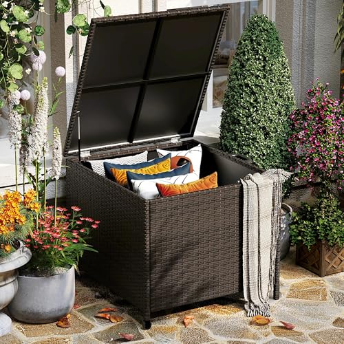 Outdoor Storage Deck Box, 80 Gallon Rattan Patio Furniture Storage Bins with Lid, Waterproof Outside Organizer Cabinet with Wheels and Handle for Cushions, Patio Furniture, Garden Tools