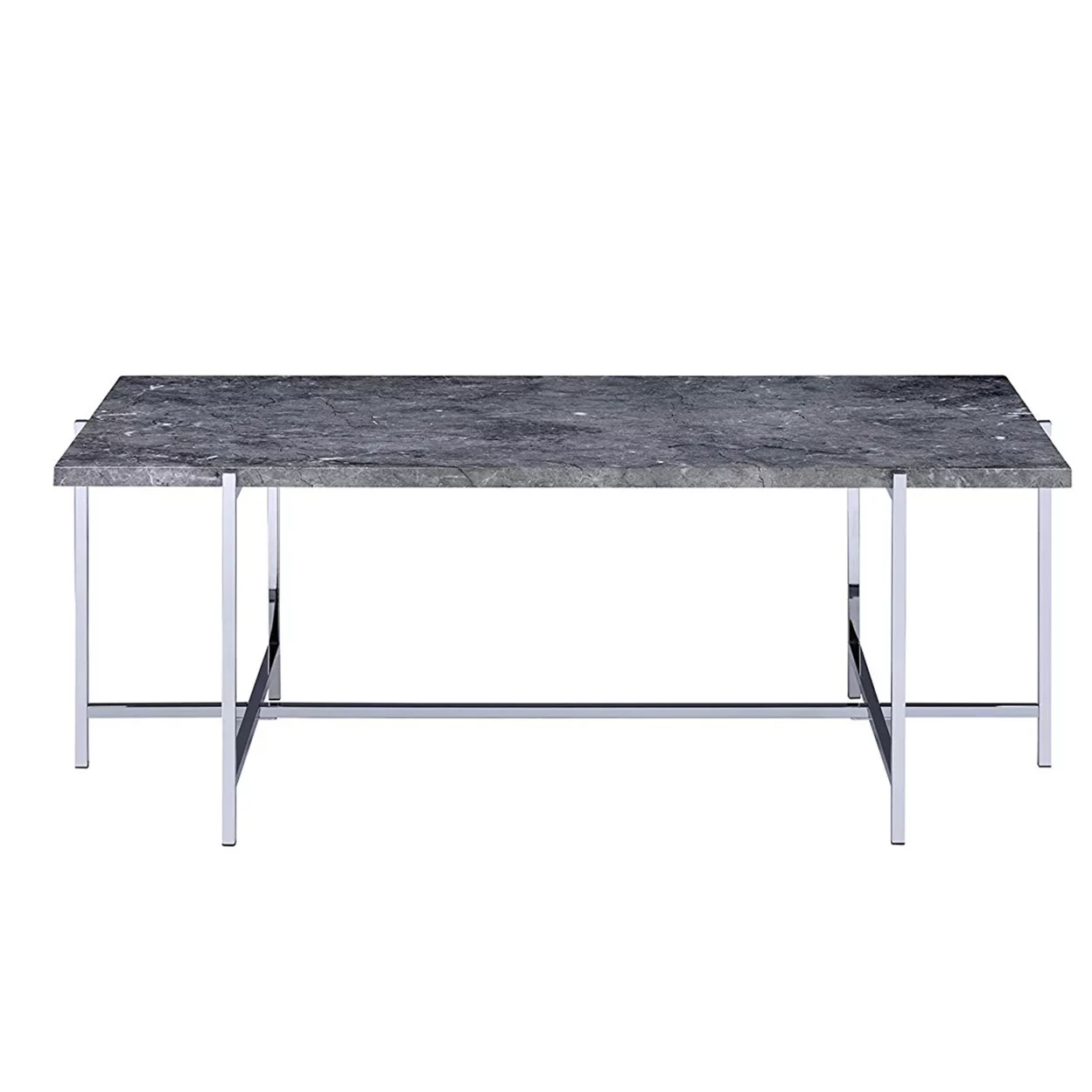 Marble Top Coffee Table with Trestle Base , Gray and Silver- Saltoro Sherpi
