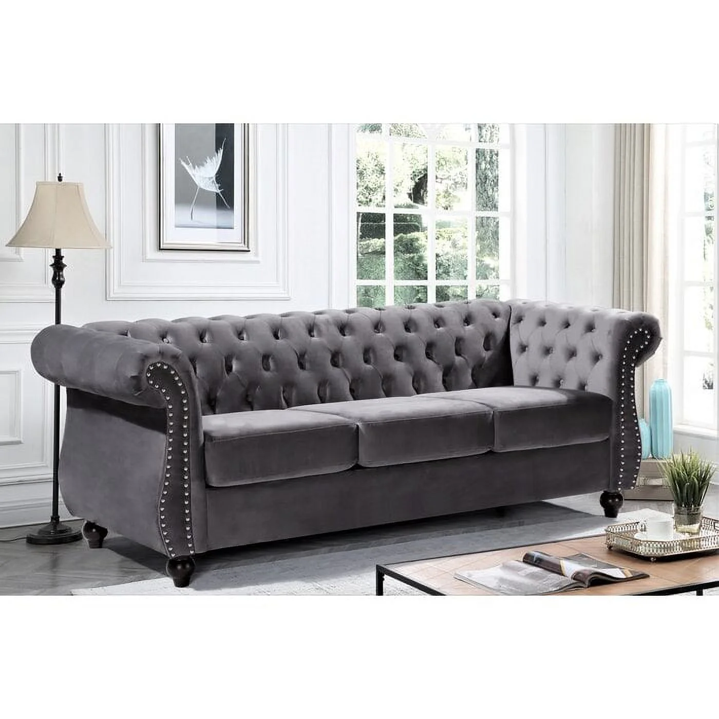 Uspridefurniture Fender 82.6'' Velvet Rolled Arm Sofa -Gray