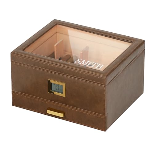 CASE ELEGANCE Glass Top Humidor with Thick Cedar, Easy humidification System, Accurate Digital Hygrometer - Renzo, Brown