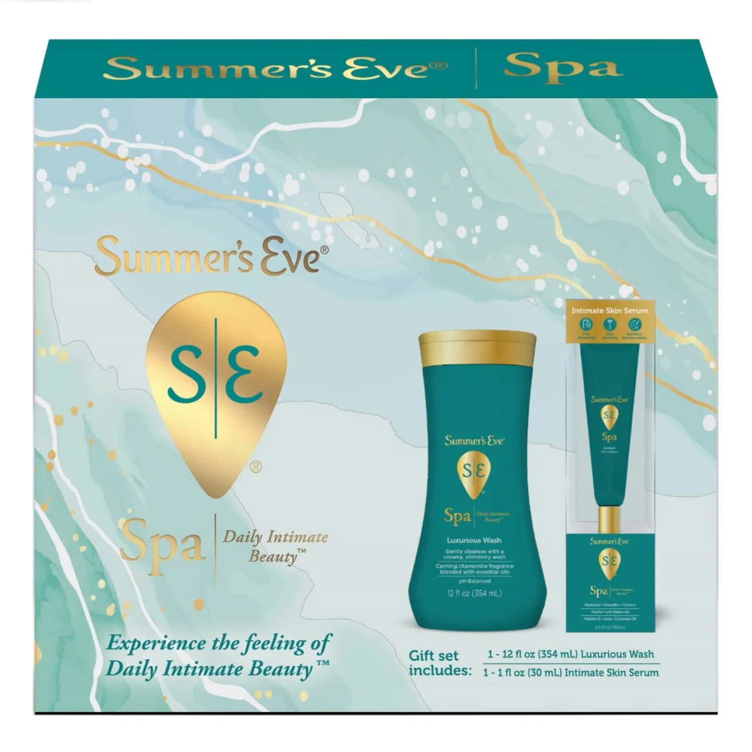 Summer's Eve Spa Set Daily Intimate Beauty Gift Box for Women Hydrating Intimate Serum (1oz Tube) and Cleansing Feminine Luxurious Wash (12 oz) *EN