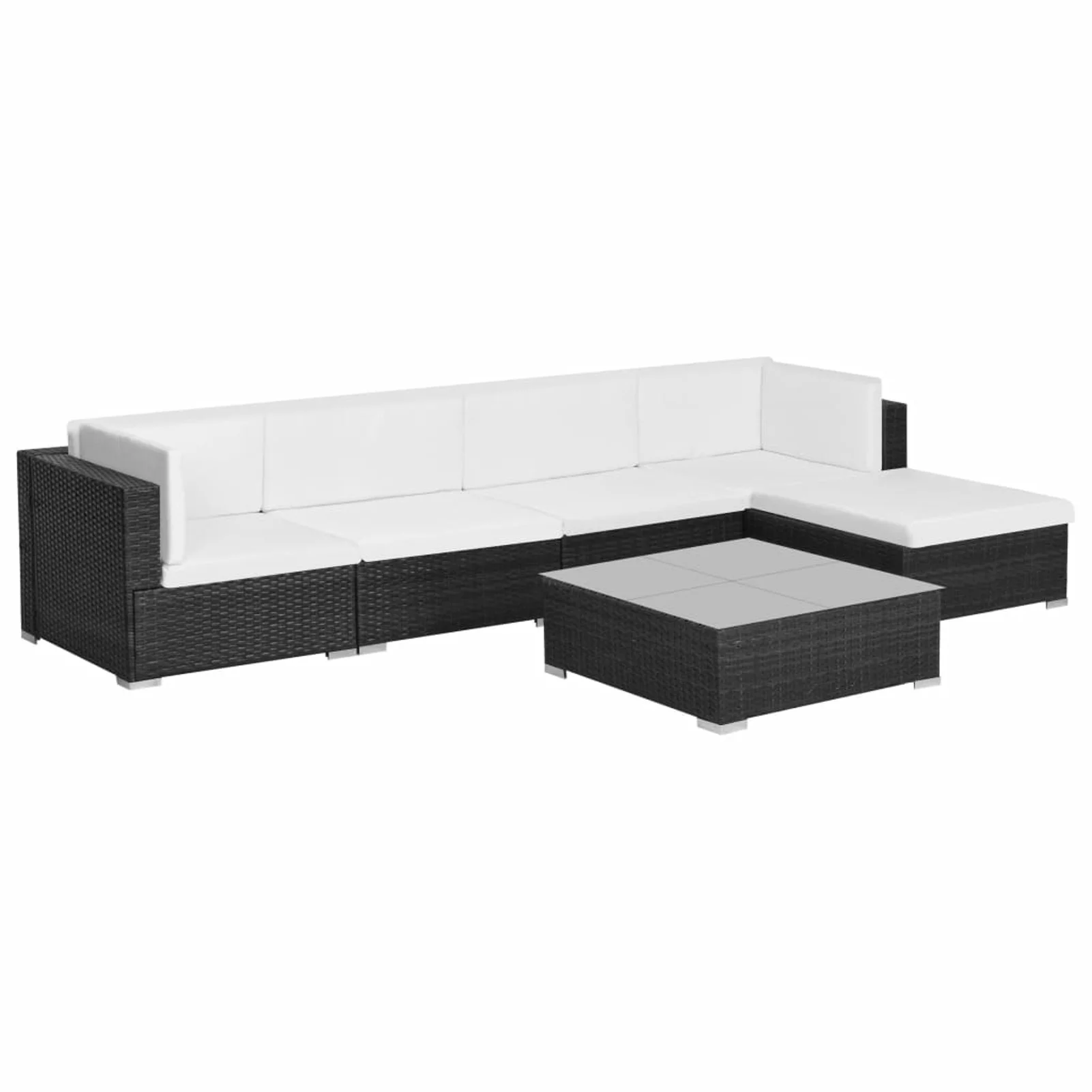 Dcenta 6 Piece Patio Conversation Set White Cushioned 2 Corner and Centre Sofas with Coffee Table, Ottoman Black Poly Rattan Sectional Outdoor Furniture Set for Patio, Backyard, Balcony