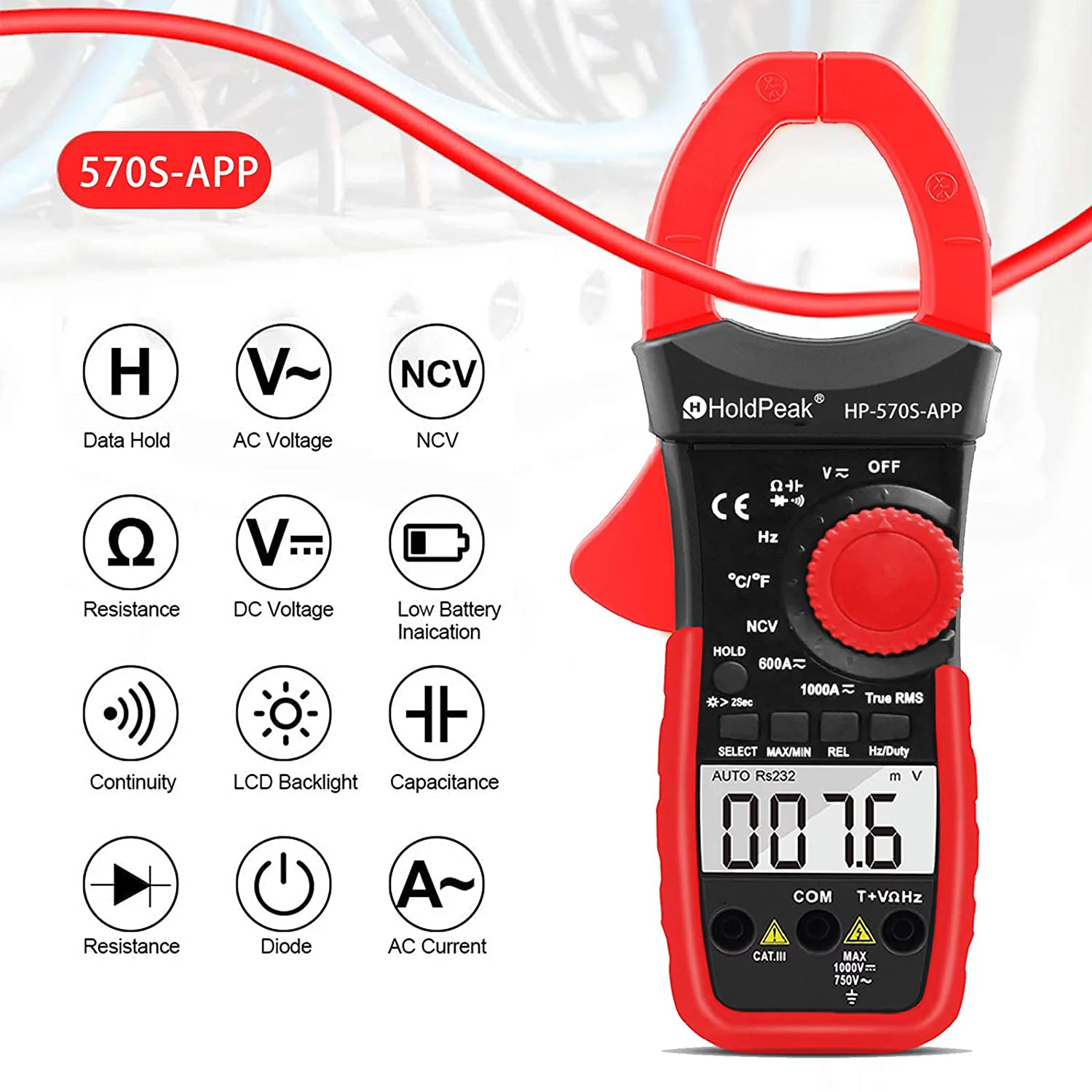 Holdpeak Digital Clamp Meter,Voltmeter with APP Control AC/DC Resistance Capacitance Tester 6000 counts