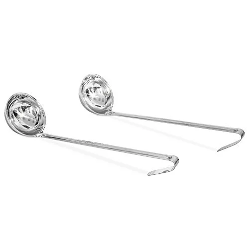 [2 Pack] 6 Oz Stainless Steel Soup Ladle - One-Piece Sauce Spatula with Hook Handles, Commercial Grade Serving Spoon, Kitchen Tool for Restaurant or Home Cooking, Mirror Finish, 14.25