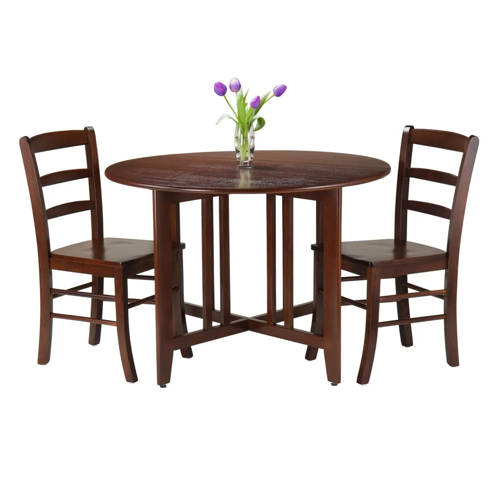 Winsome Wood Alamo 3-Pc Dining Set, Round Drop Leaf Table & 2 Ladder Back Chairs, Walnut Finish