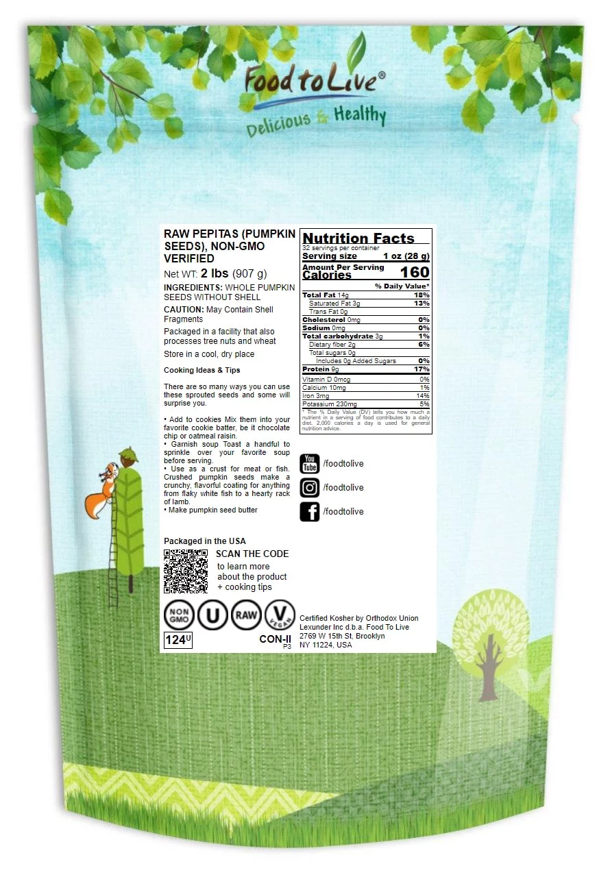 Food to Live, Raw Pepitas (Pumpkin Seeds), Non-GMO Verified, 2 Pounds, Raw, Vegan