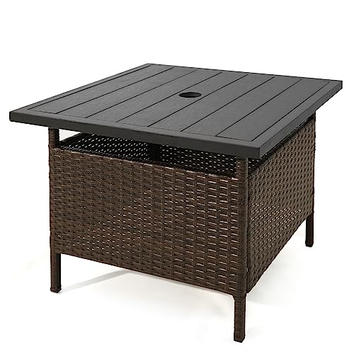 Tangkula Outdoor Wicker Table, Rattan Coffee Table with Umbrella Insert Hole, HDPE Tabletop & Sturdy Metal Frame, Patio Umbrella Side Table Stand for Backyard, Garden, Poolside