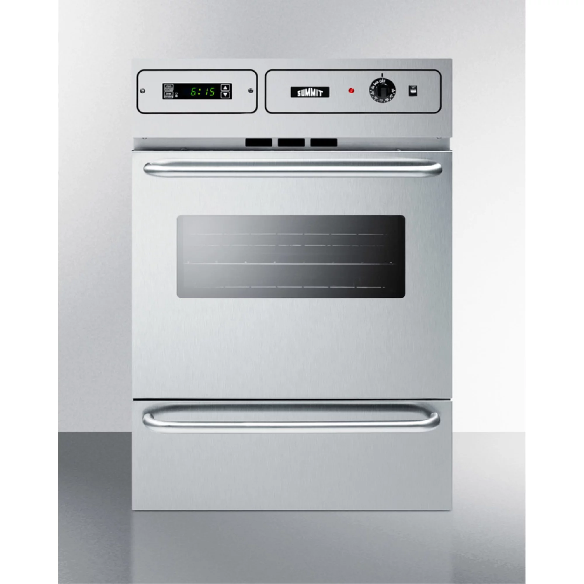 Stainless steel gas wall oven with electronic ignition and digital clock/timer; for cutouts 22 3/8