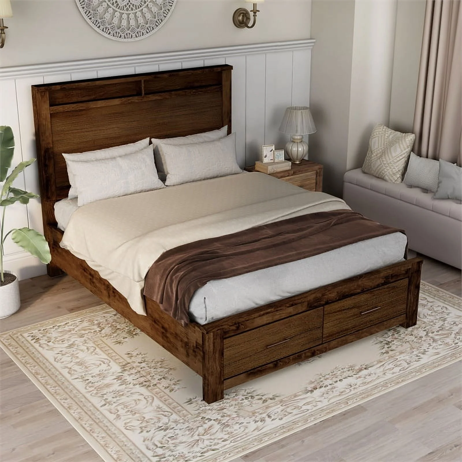 Bowery Hill Farmhouse Solid Wood Queen Platform Panel Storage Bed in Oak