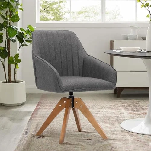 NLIBOOMLife Swivel Armchair Mid Century Accent Chair with Solid Wood Legs  Modern Linen Fabric Upholstered Vanity Chair  Home Office Desk Chair for Living Room  Bedroom Offices Gray