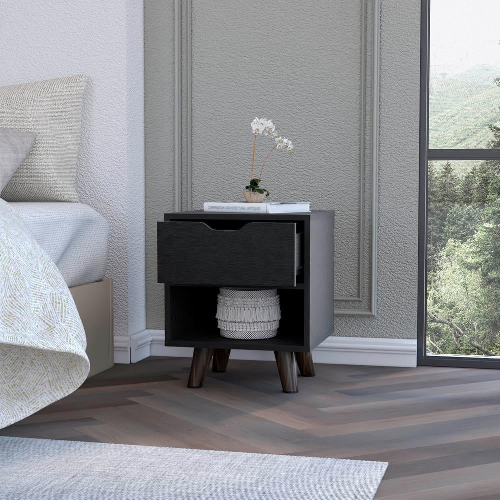 Depot E-Shop Nightstand with Spacious Drawer, Open Storage Shelf and Chic Wooden Legs, Black