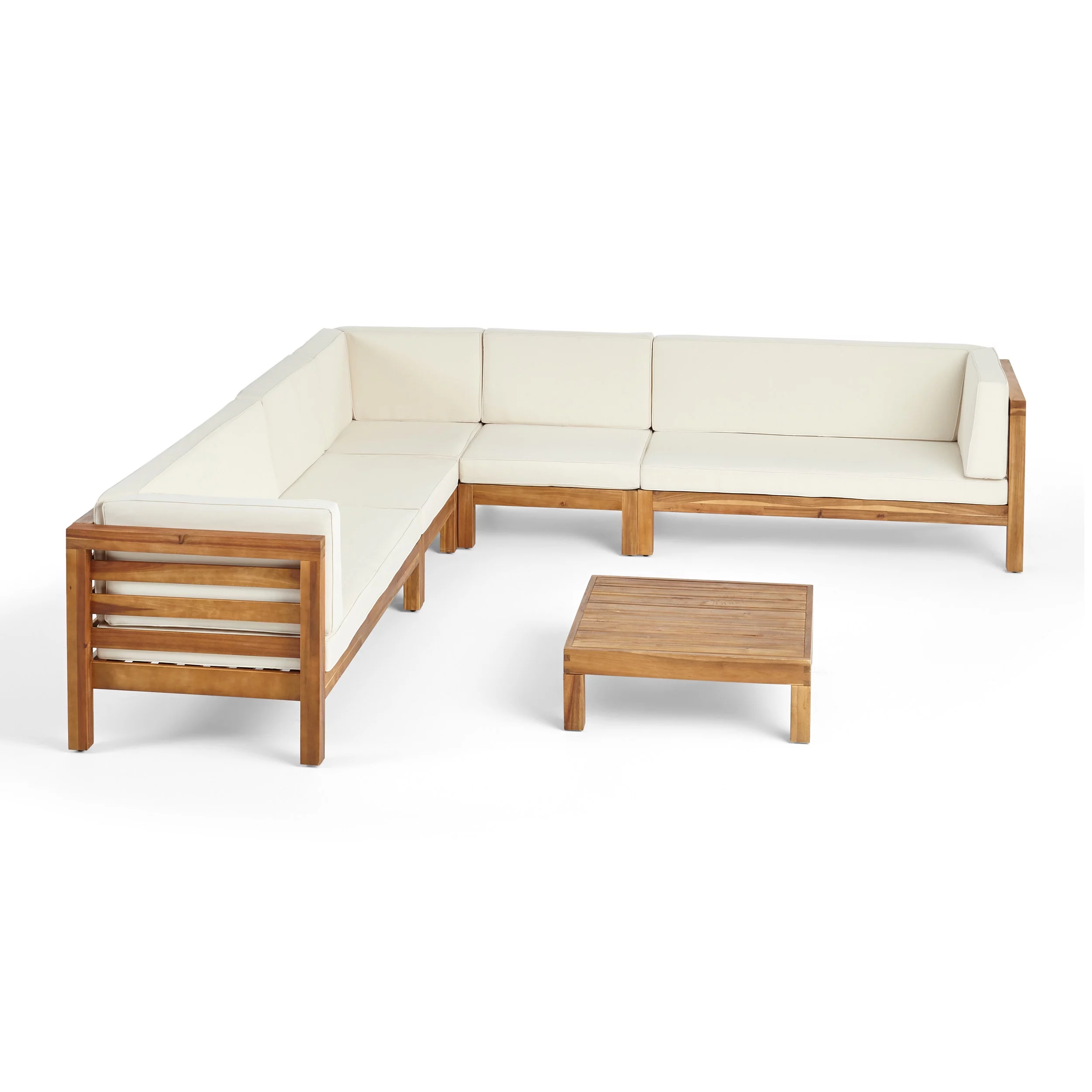 GDF Studio Emma Outdoor 7 Seater Acacia Wood Sectional Sofa Set, Teak and Beige