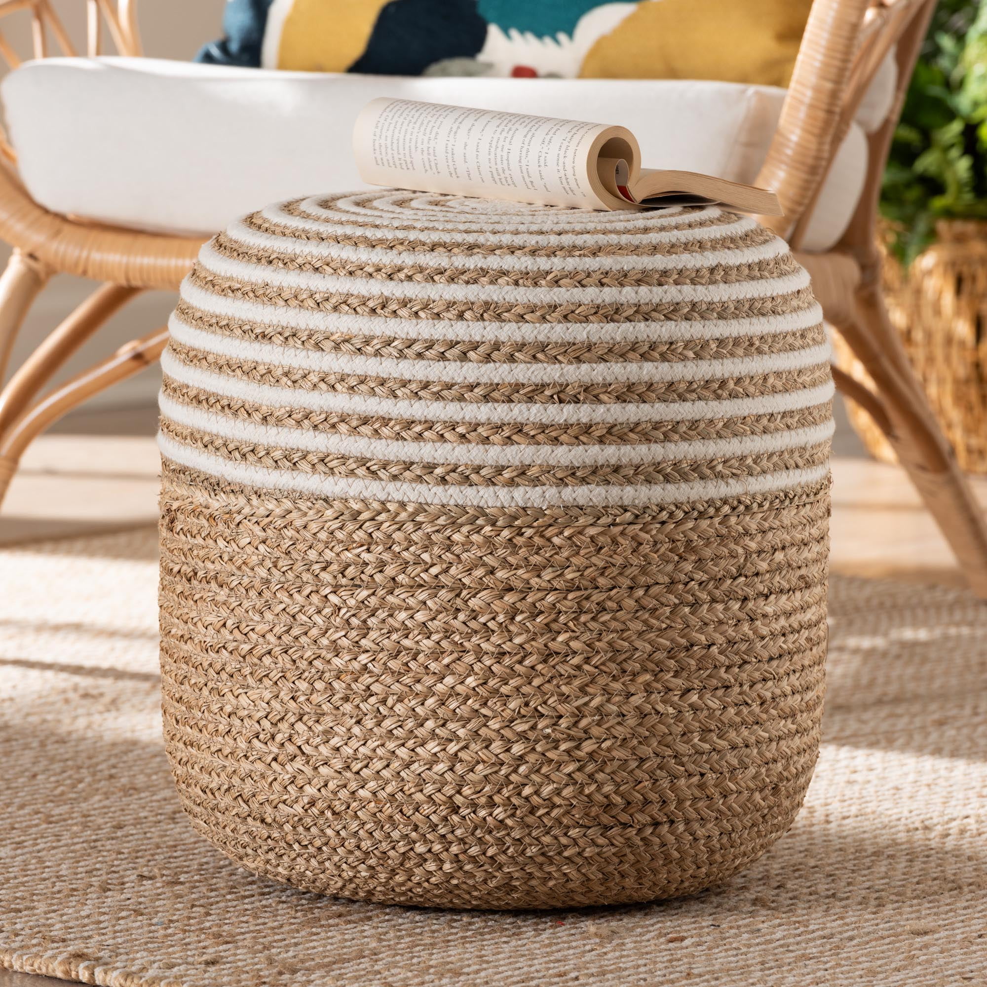 bali & pari Nequiel Modern Bohemian Natural Brown Seagrass and Woven Rope Ottoman Footstool